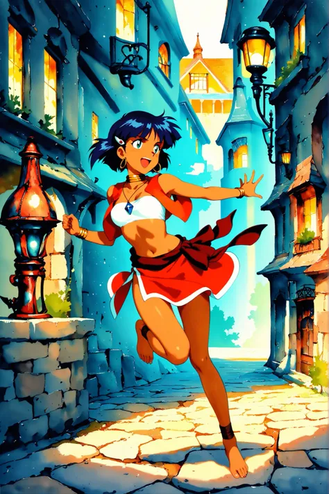 *(masterpiece, best quality, ultra-detailed, anime-style, cinematic lighting), Nadia La Arwall from "Nadia: The Secret of Blue Water", running energetically through a retro European townscape, cobblestone street, vintage shop signs, gas lamps, wrought iron...