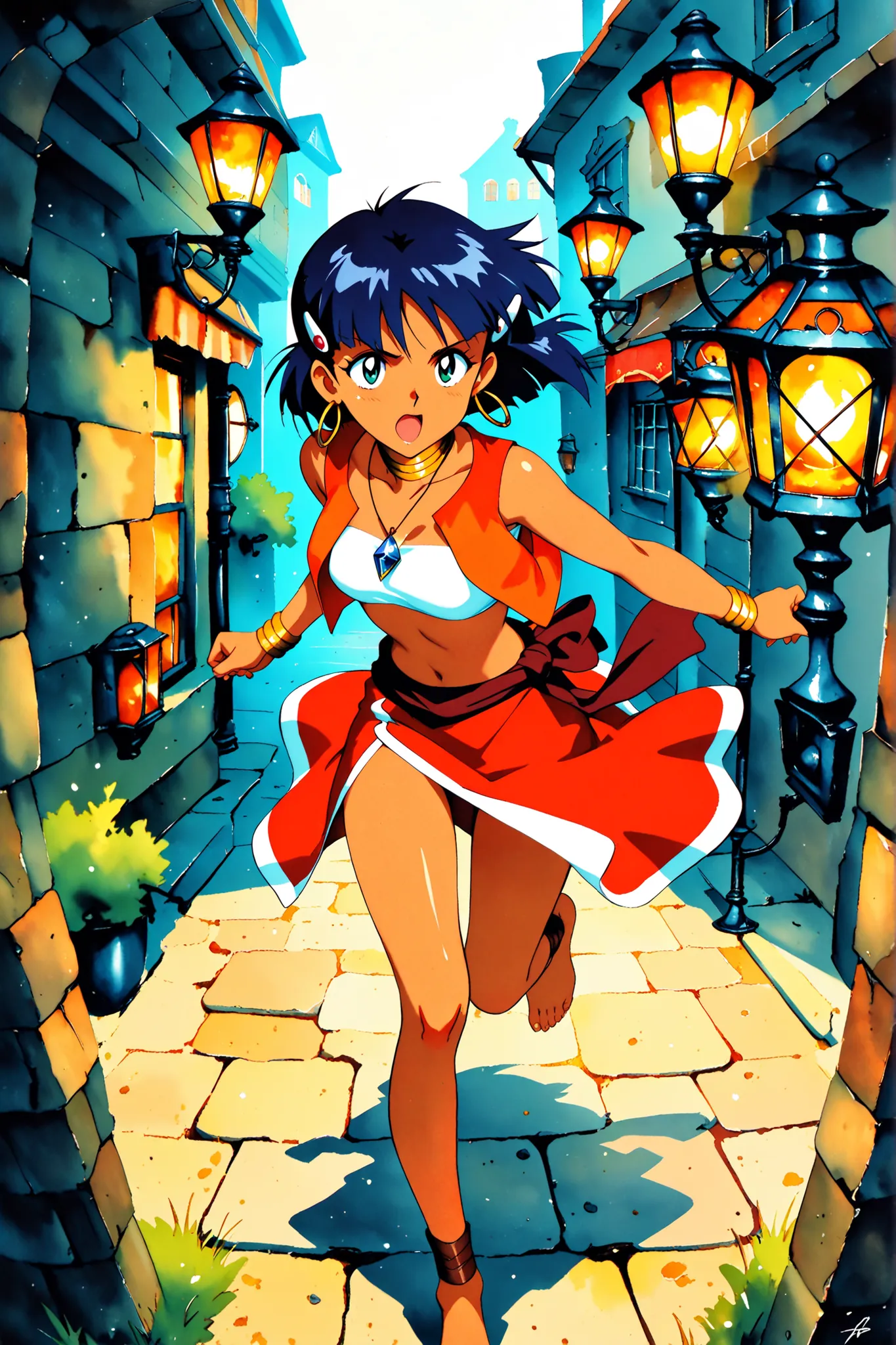 *(masterpiece, best quality, ultra-detailed, anime-style, cinematic lighting), Nadia La Arwall from "Nadia: The Secret of Blue Water", running energetically through a retro European townscape, cobblestone street, vintage shop signs, gas lamps, wrought iron...