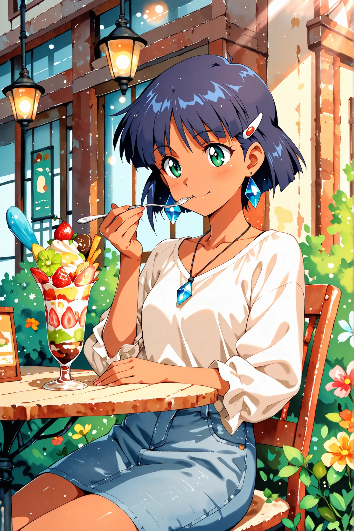 (masterpiece, best quality, ultra-detailed, anime-style, cinematic lighting), Nadia La Arwall from "Nadia: The Secret of Blue Water", sitting at an outdoor table of a stylish and popular café in a fashionable town, wearing casual modern clothes—light blous...