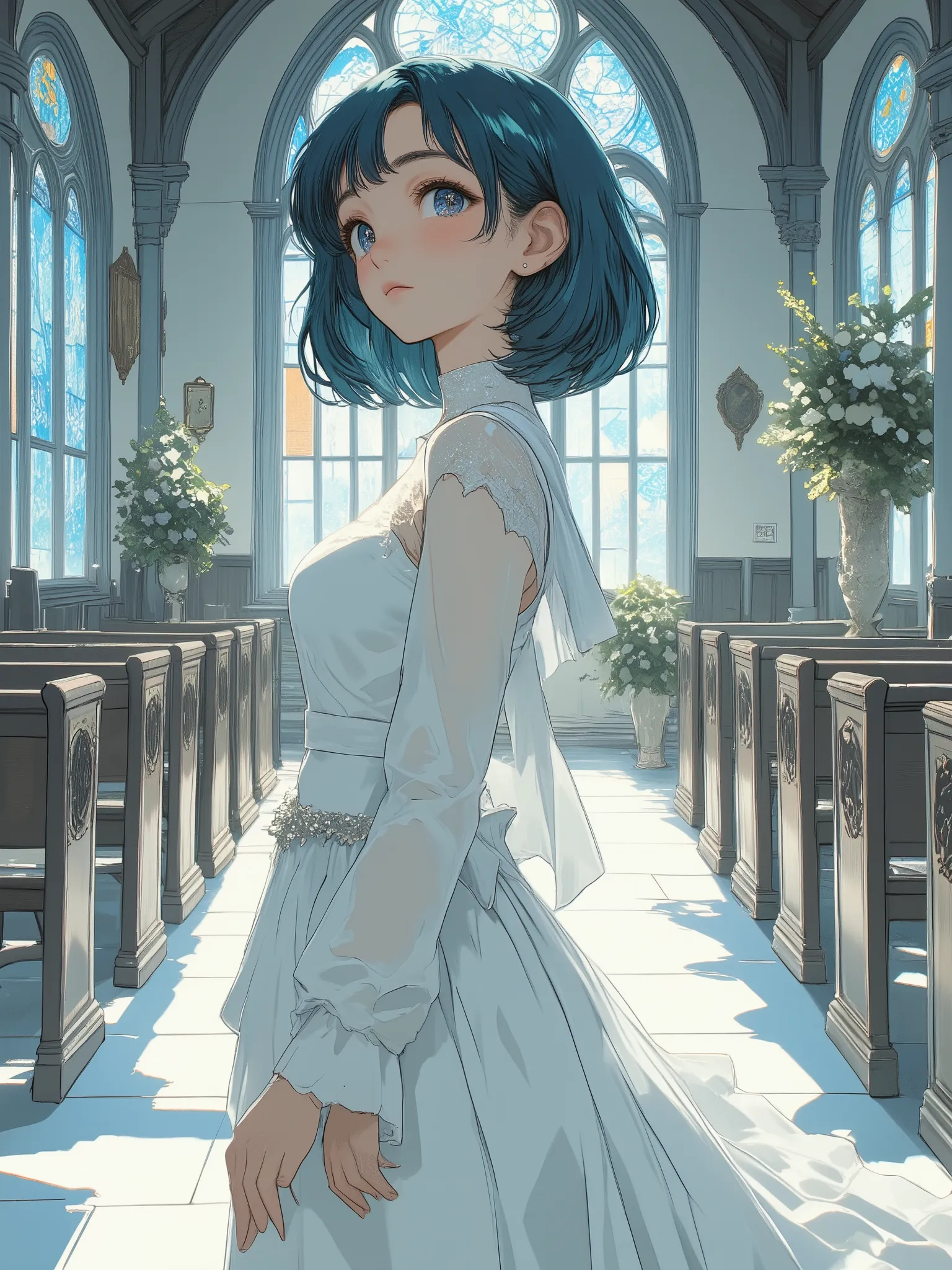 a photorealistic cinematic portrait of a young woman with short dark blue hair and soft side-swept bangs, wearing an elegant white wedding dress with delicate lace sleeves, a fitted bodice, and a flowing skirt with soft translucent layers

she stands quiet...