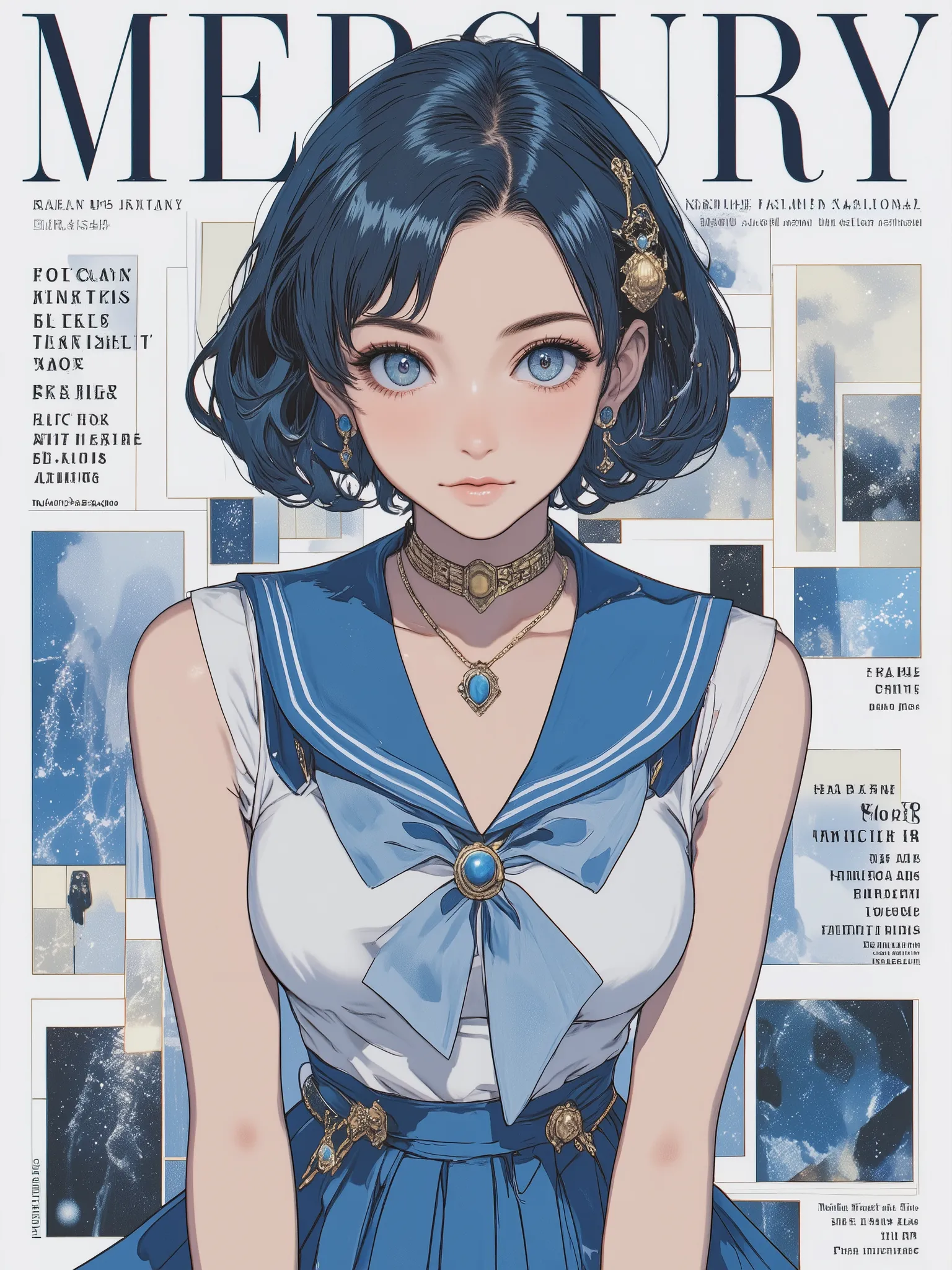 fashion magazine cover featuring a close-up portrait of a young woman inspired by a magical anime heroine, with short dark blue hair and side-swept bangs, wearing a sleek blue and white sailor-style outfit with a pleated skirt, structured collar, and a del...
