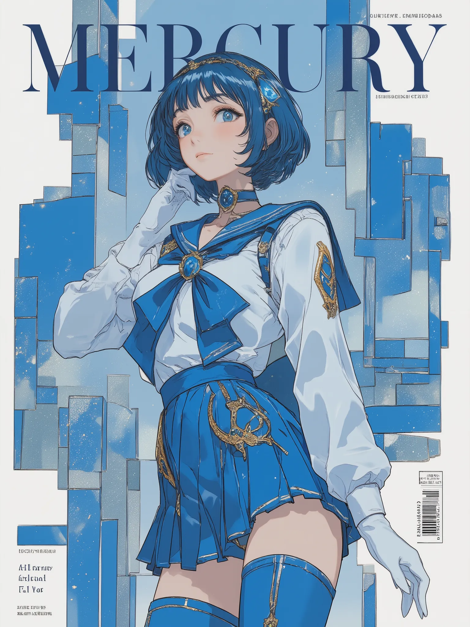 fashion magazine cover featuring a close-up portrait of a young woman inspired by a magical anime heroine, with short dark blue hair and side-swept bangs, wearing a sleek blue and white sailor-style outfit with a pleated skirt, structured collar, and a del...