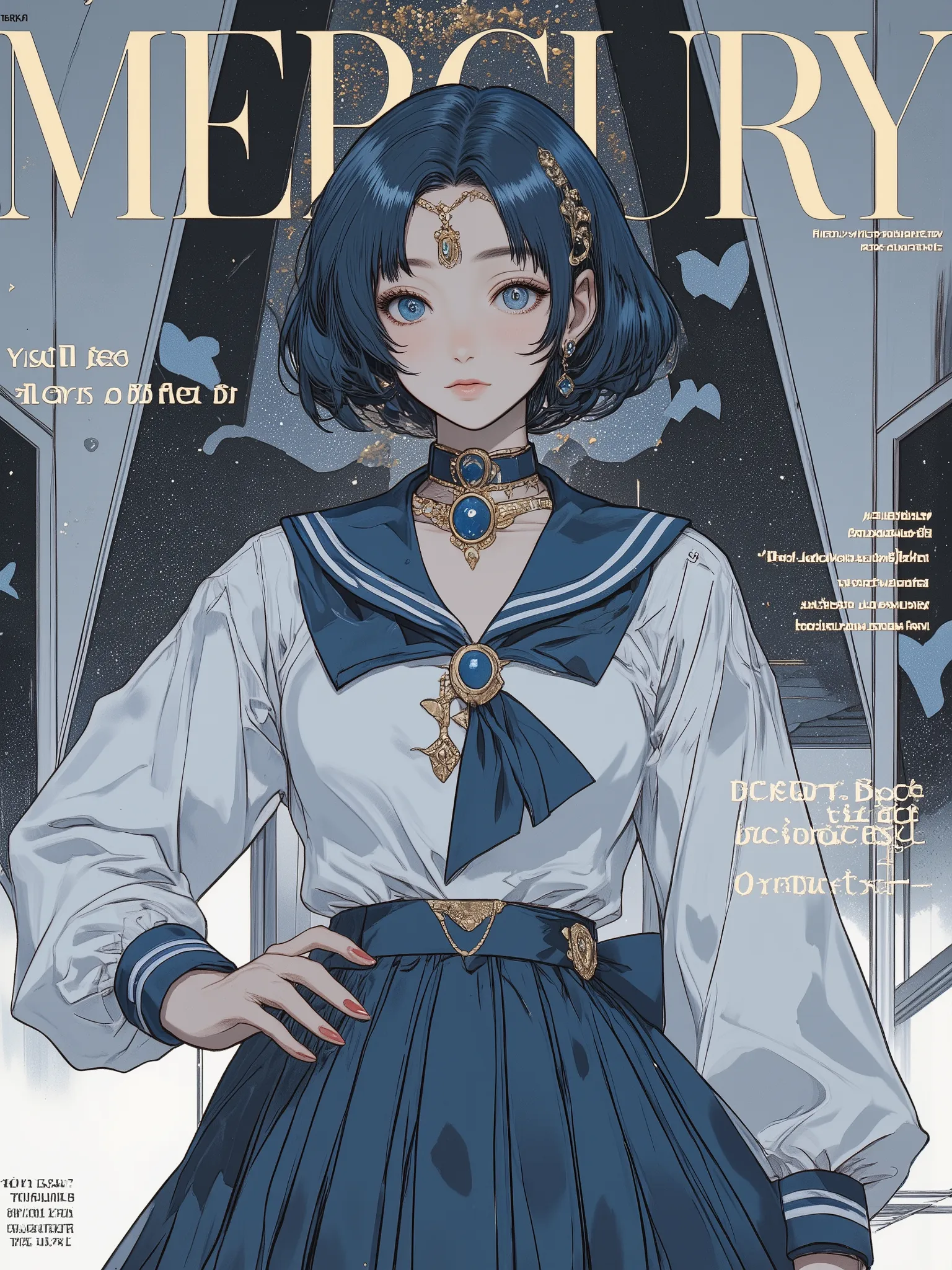fashion magazine cover featuring a close-up portrait of a young woman inspired by a magical anime heroine, with short dark blue hair and side-swept bangs, wearing a refined blue and white sailor-style outfit with a pleated skirt, structured collar, and a d...