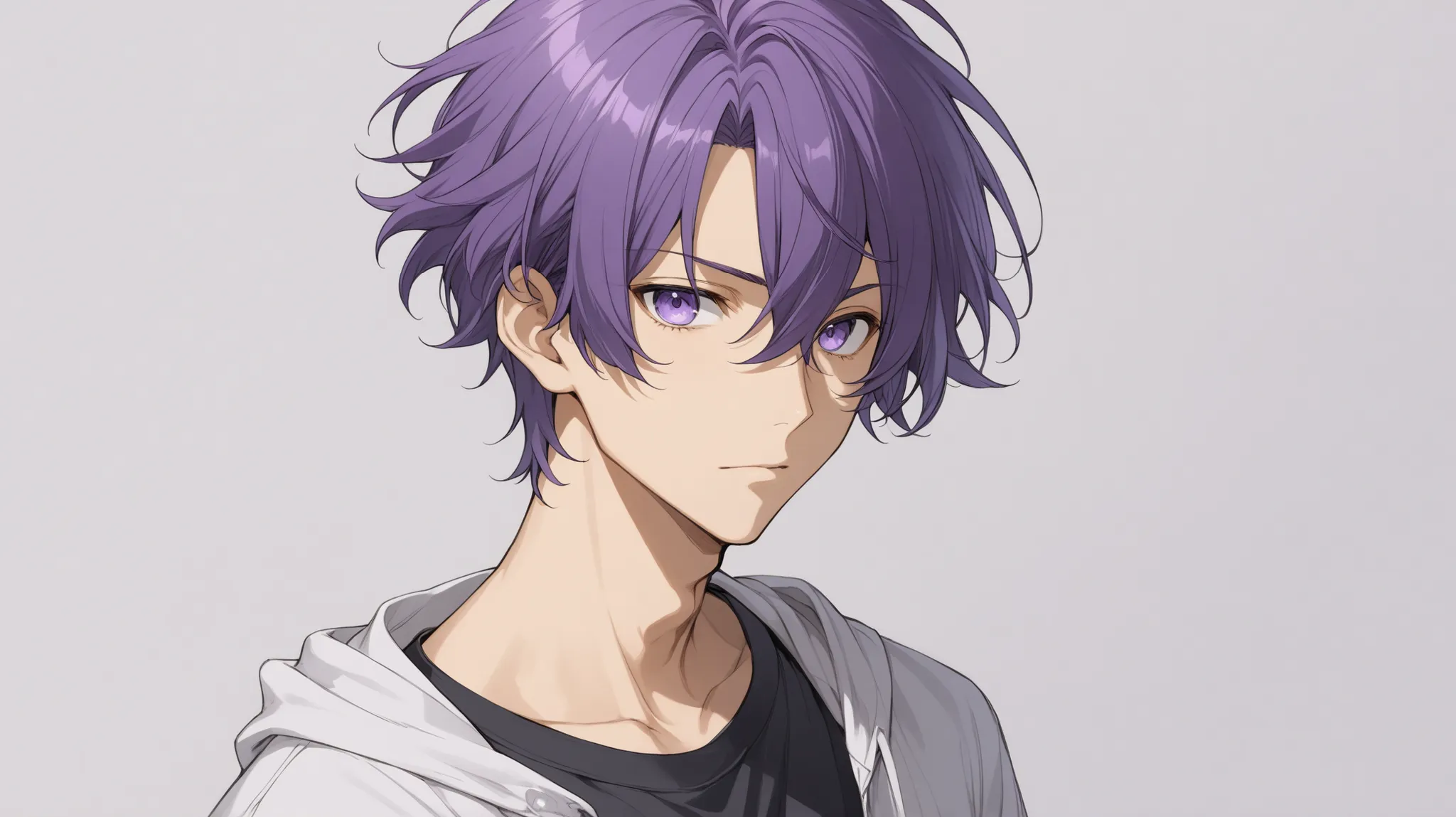solo 、anime、boy,casual outfit、purple hair and eyes、short hair,
