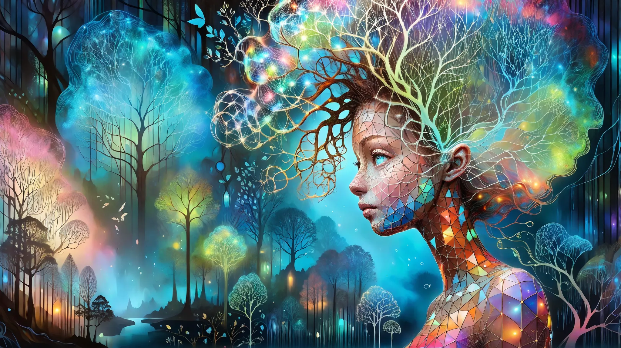 Picture a surreal female profile seamlessly transforming into a bioluminescent forest, blending fantasy elements with a touch of the surreal. The image is highly detailed, inspired by the works of Catrin Welz-Stein, featuring a delicate balance between hum...