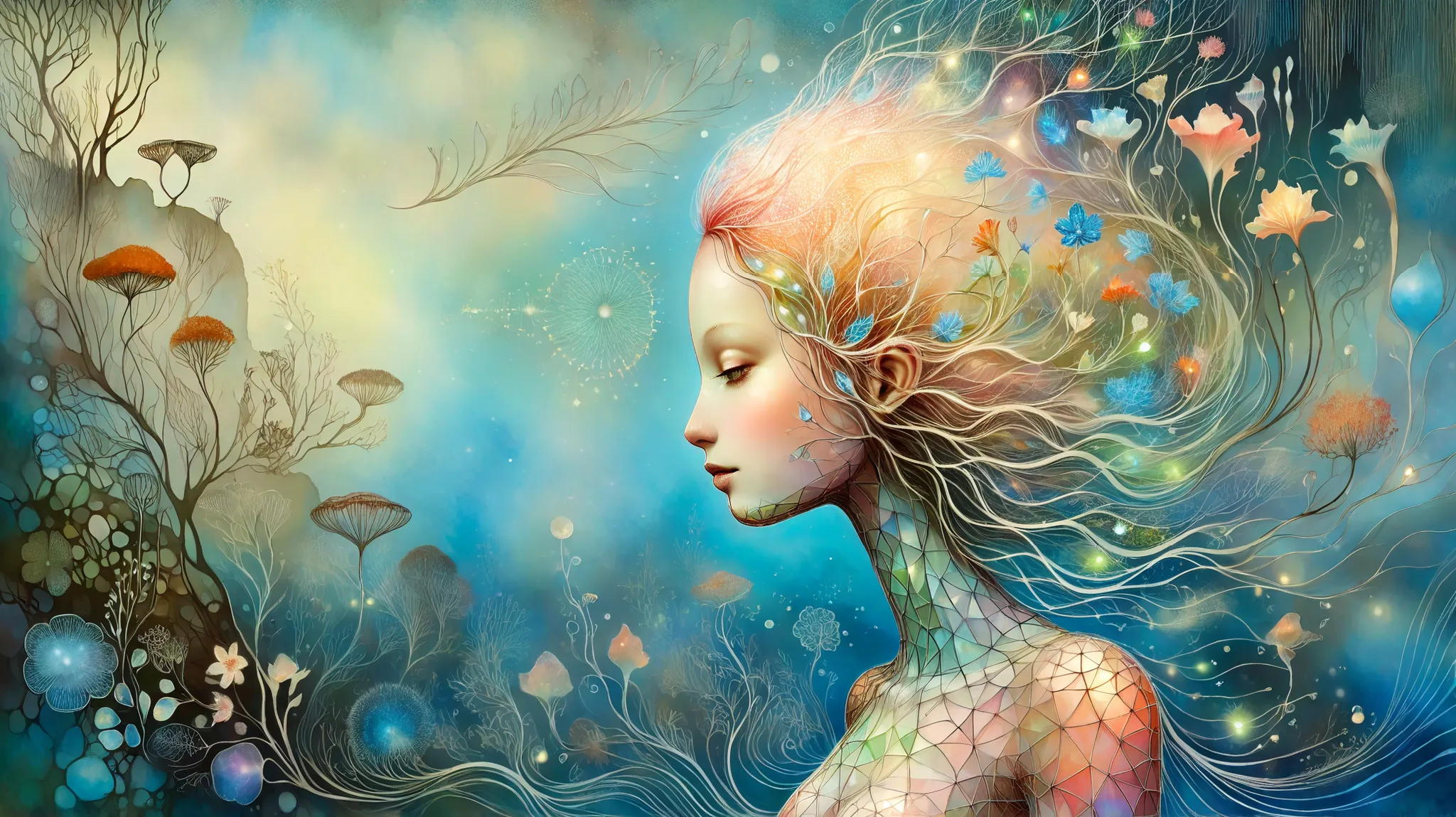 Picture a surreal female profile seamlessly transforming into a bioluminescent garden, blending fantasy elements with a touch of the surreal. The image is highly detailed, inspired by the works of Catrin Welz-Stein, featuring a delicate balance between hum...