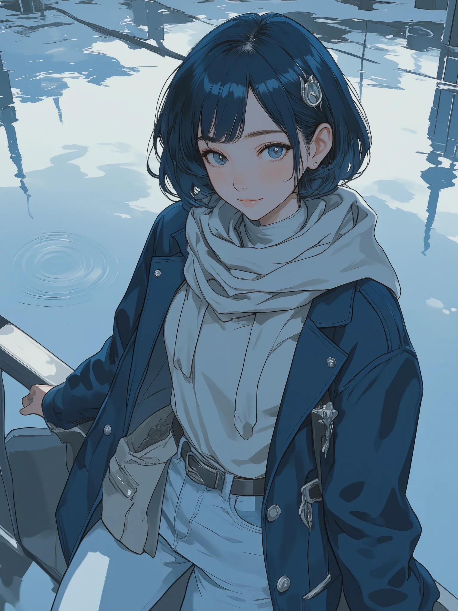 a photorealistic cinematic close-up portrait of a young woman inspired by a magical anime heroine, with short dark blue hair and soft side-swept bangs, wearing understated modern casual clothing in muted blue tones — a soft knit sweater, a light scarf, and...
