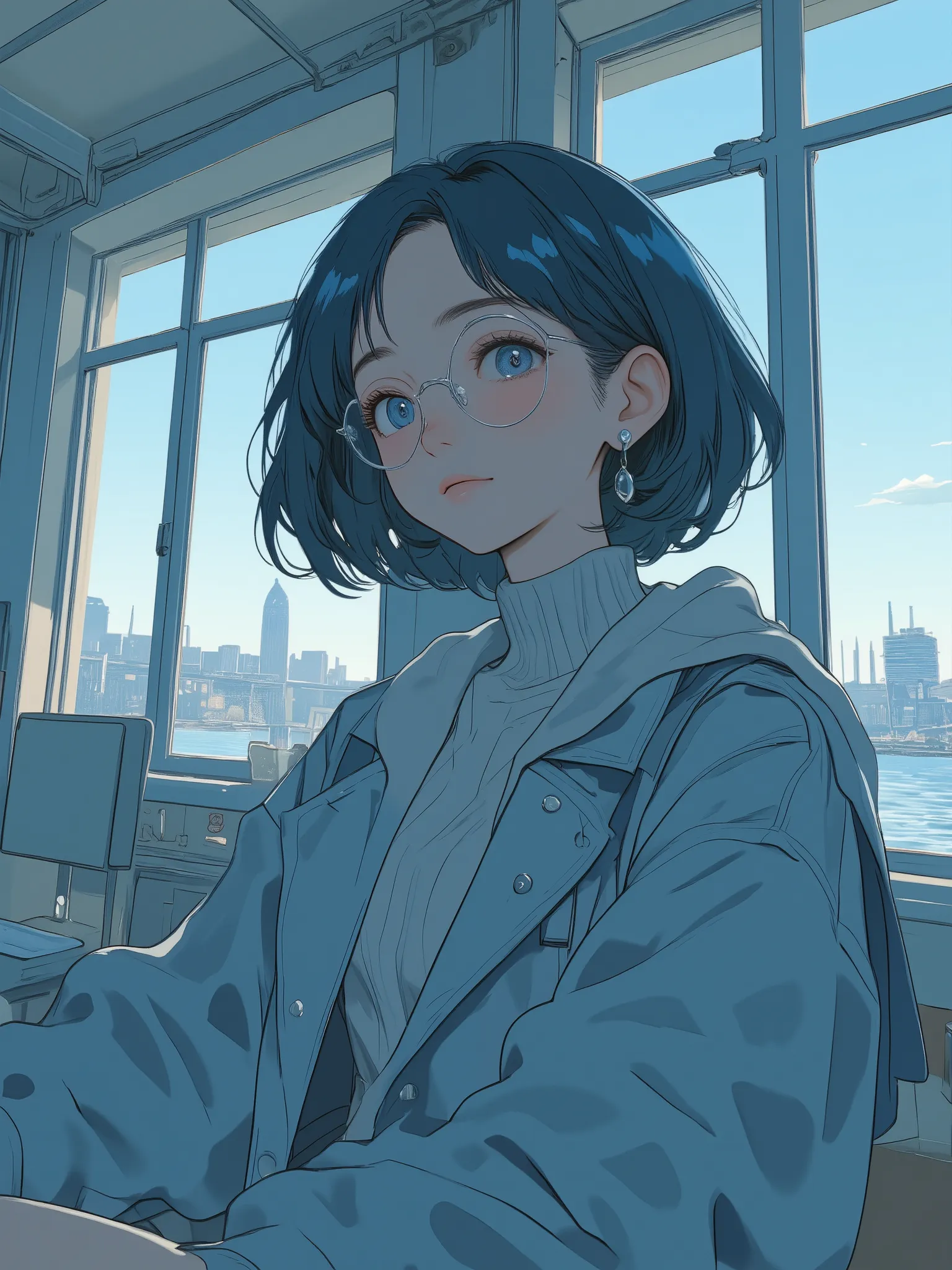a photorealistic cinematic close-up portrait of a young woman inspired by a magical anime heroine, with short dark blue hair and soft side-swept bangs, wearing modern round glasses with thin silver frames, and dressed in understated casual clothing in mute...