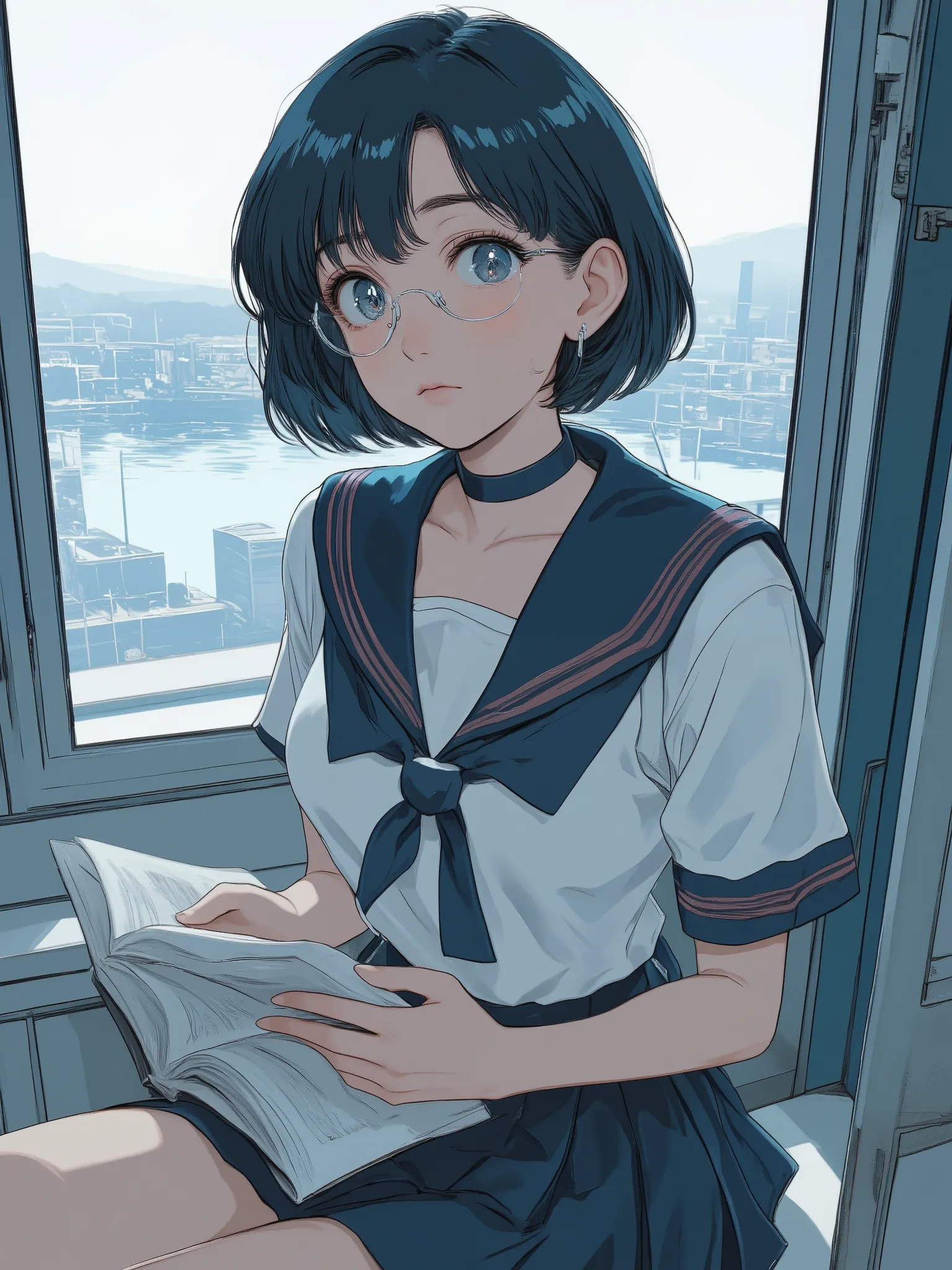 a photorealistic cinematic portrait of a young woman with short dark blue hair and soft side-swept bangs, wearing round silver-framed glasses, dressed in a traditional Japanese school uniform — a white sailor blouse with a dark navy collar featuring red tr...