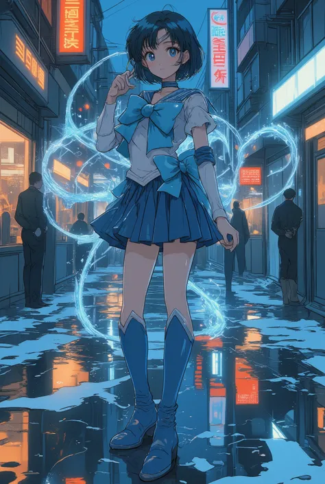 a photorealistic cinematic portrait of a young woman inspired by a magical anime heroine, styled like a schoolgirl warrior with short dark blue hair and side-swept bangs, wearing a deep blue and white sailor-style outfit with a blue pleated skirt, a matchi...