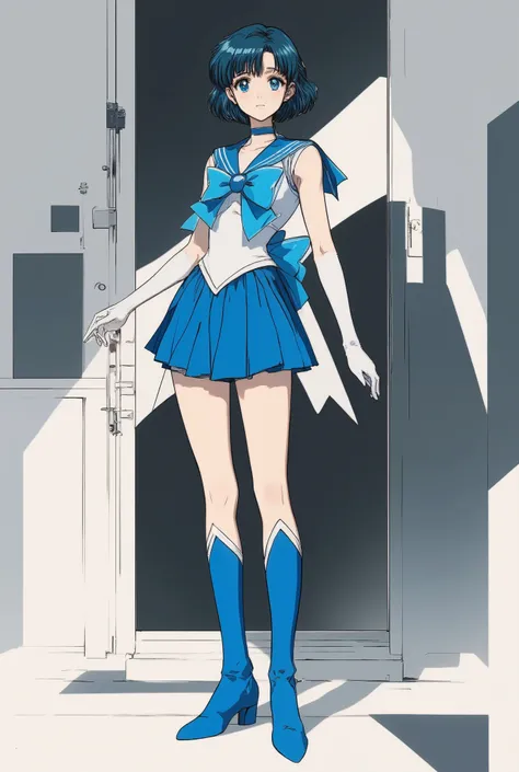 a photorealistic cinematic portrait of a young woman inspired by a magical anime heroine, styled like a schoolgirl warrior with short dark blue hair and soft side-swept bangs, wearing a blue and white sailor-style outfit with a pleated skirt, a matching co...