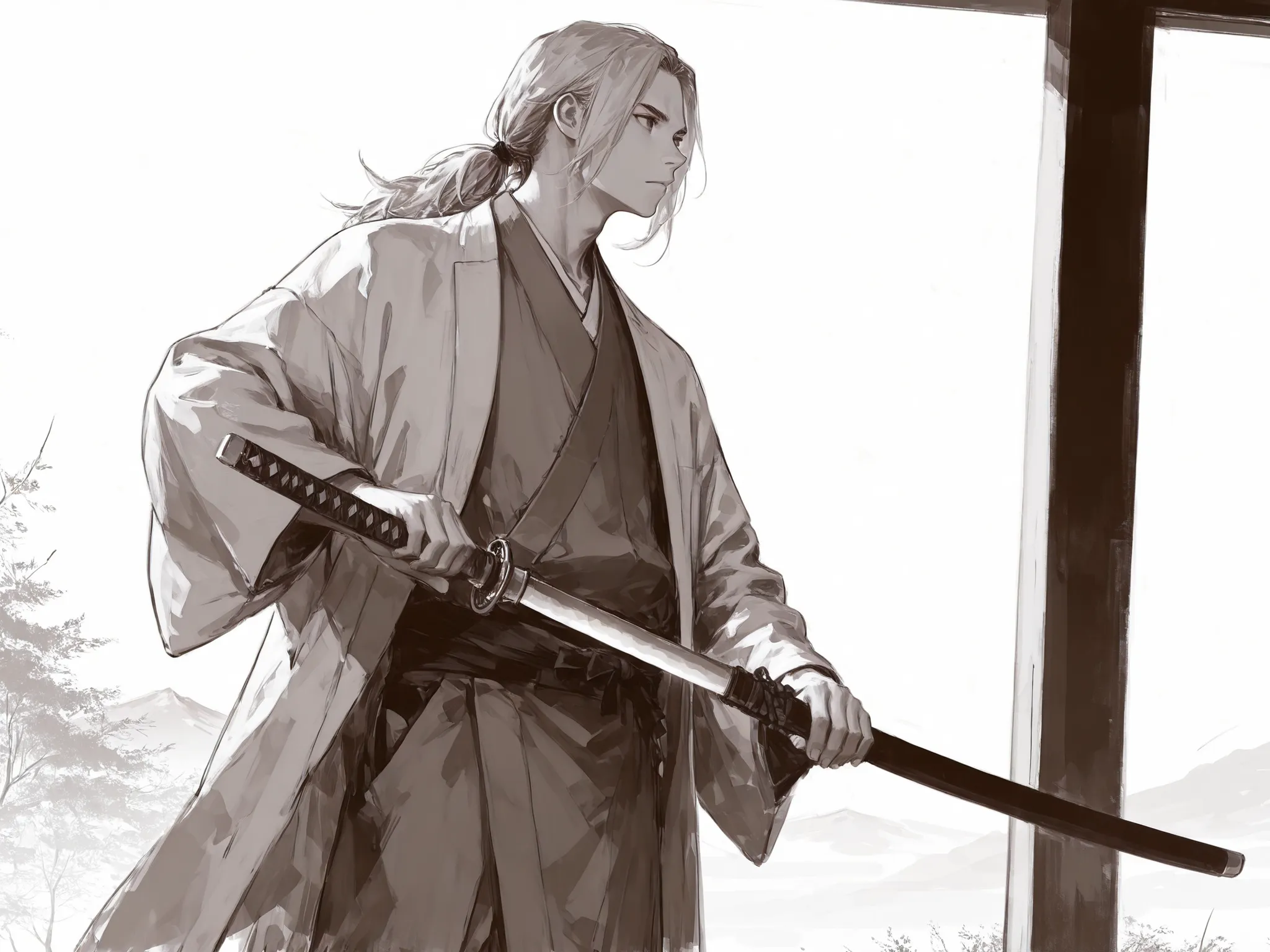 medium shot, makes an aesthetic, Master piece, Best Quality, ultra detailed, a handsome man, (man:1.6), solo, (male:1.6) long Hair, low pony-tail, male silver hair, relaxed, male brown eyes, toned, male grey kimono, brown neck-tie, Japanese white coat, bat...