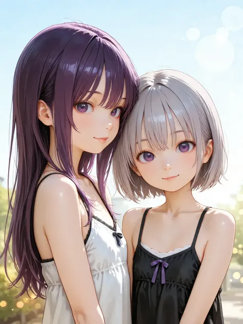 short girl, 2 girls,is young, flat chested,realisticな外観, big purple eyes, Two-tone purple hair and gray hair、camisole、Outdoors、細部にこだわったrealisticな影、movie stills, High Quality, realistic, 4K rendering, ultra-fine texture, PROFESSIONAL , bright color, Bokeh