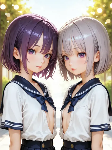 short girl, 2 girls,is young, flat chested,realisticな外観, big purple eyes, Two-tone purple hair and gray hair、school uniform、no bra、Outdoors、細部にこだわったrealisticな影、movie stills, High Quality, realistic, 4K rendering, ultra-fine texture, PROFESSIONAL , bright c...