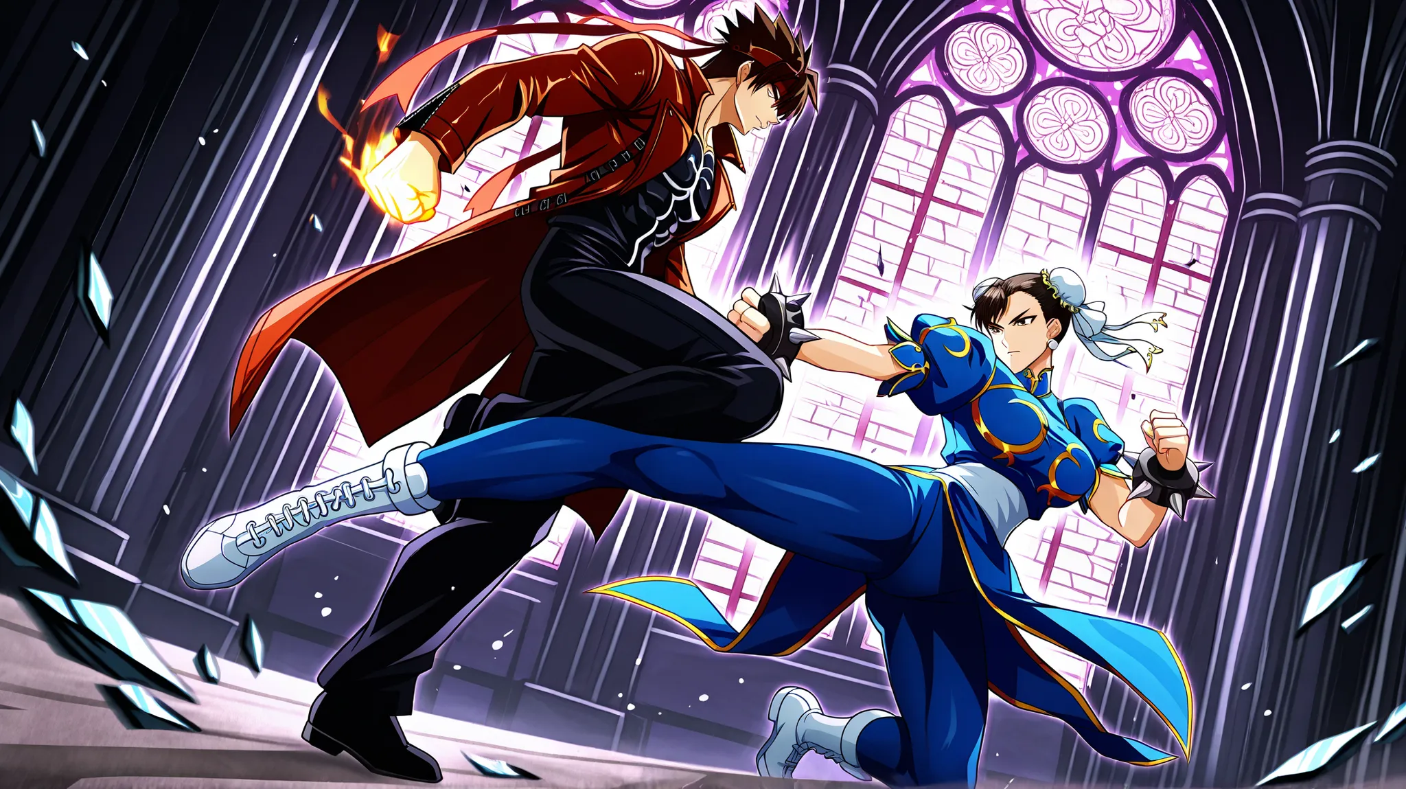 Anime-style action scene inside a gothic cathedral with glowing stained glass windows. Two fighters are clashing in dramatic mid-motion. On the right side: a muscular young man with spiky brown hair and a red headband (Kyo Kusanagi style), leaping forward ...
