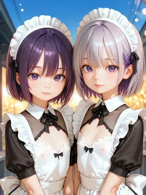 short girl, 2 girls,is young, flat chested,realisticな外観, big purple eyes, Two-tone purple hair and gray hair、See-through maid outfit、no bra、Outdoors、細部にこだわったrealisticな影、movie stills, High Quality, realistic, 4K rendering, ultra-fine texture, PROFESSIONAL ,...