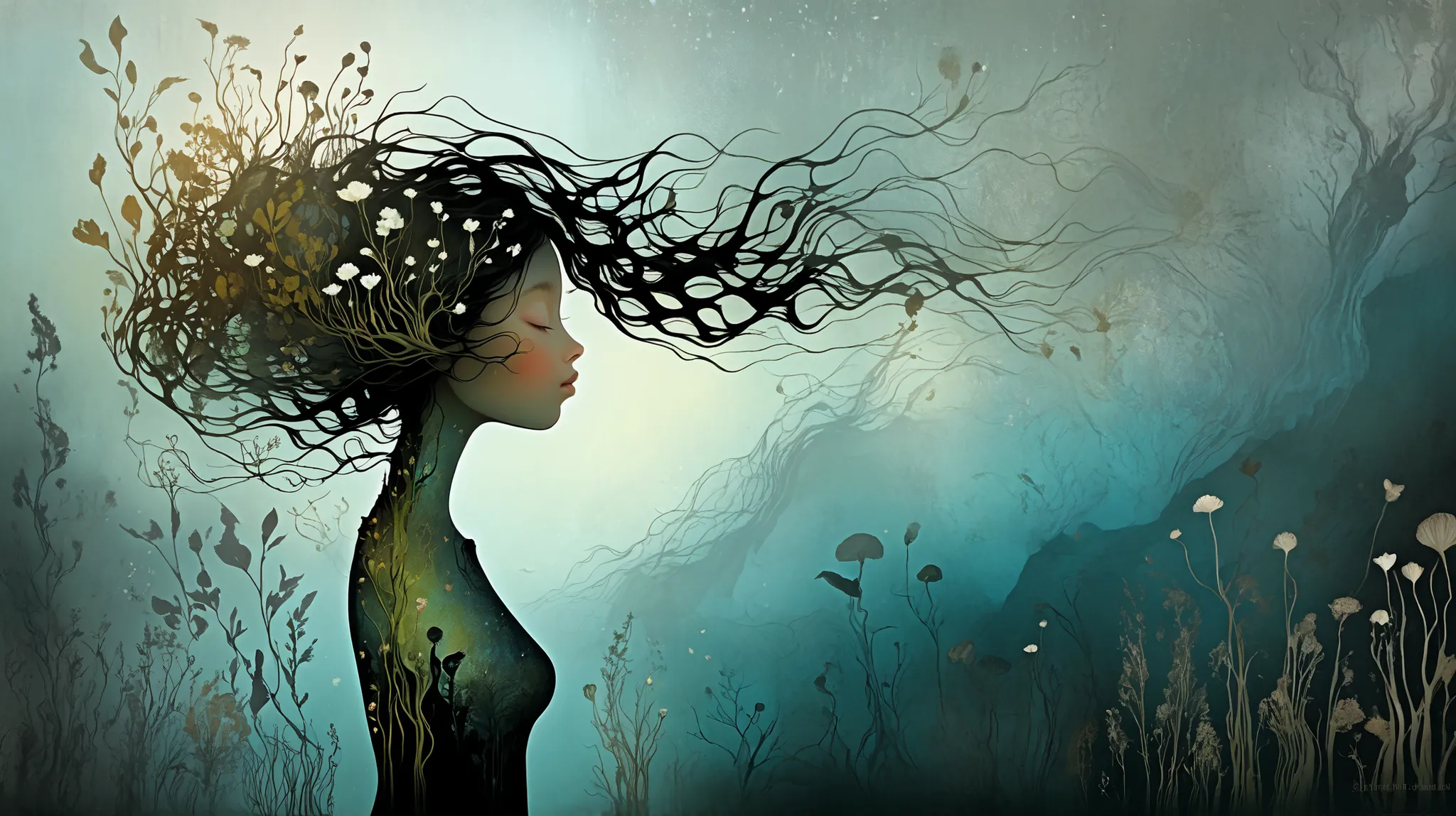 Picture a surreal female profile seamlessly transforming into a bioluminescent garden, blending fantasy elements with a touch of the surreal. The image is highly detailed, inspired by the works of Catrin Welz-Stein, featuring a delicate balance between hum...