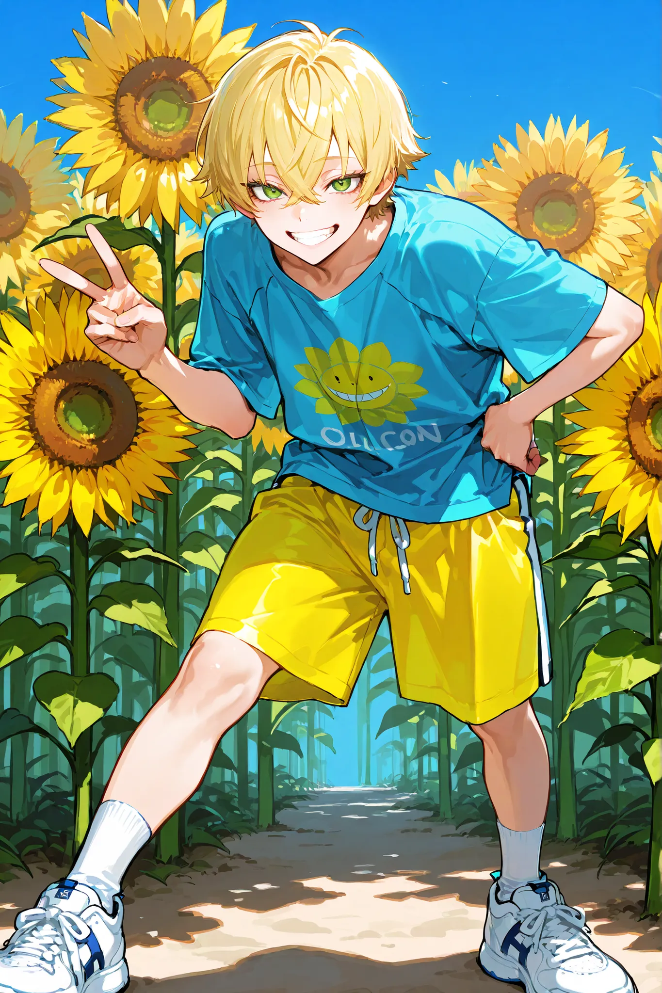(((best quality))), ((ultra-detailed)), (illustration), ((an extremely delicate and beautiful)),(background:Midsummer blue sky and dazzling sun),1 boy,solo,( A short boy), (Very happy)(Big Smile)(Smiling with teeth showing),(gleaming skin),(Blue short-slee...