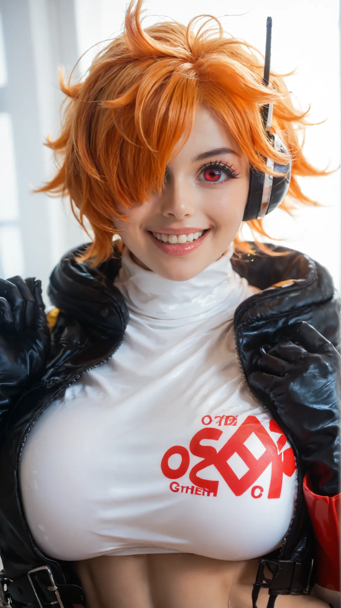 2d, anime, anime style,   egghead outfit, 1girl, solo, breasts, looking at viewer, smile, short hair, open mouth, large breasts, simple background, red eyes, gloves, white background, jacket, black gloves, hair over one eye, huge breasts, headphones, vegap...
