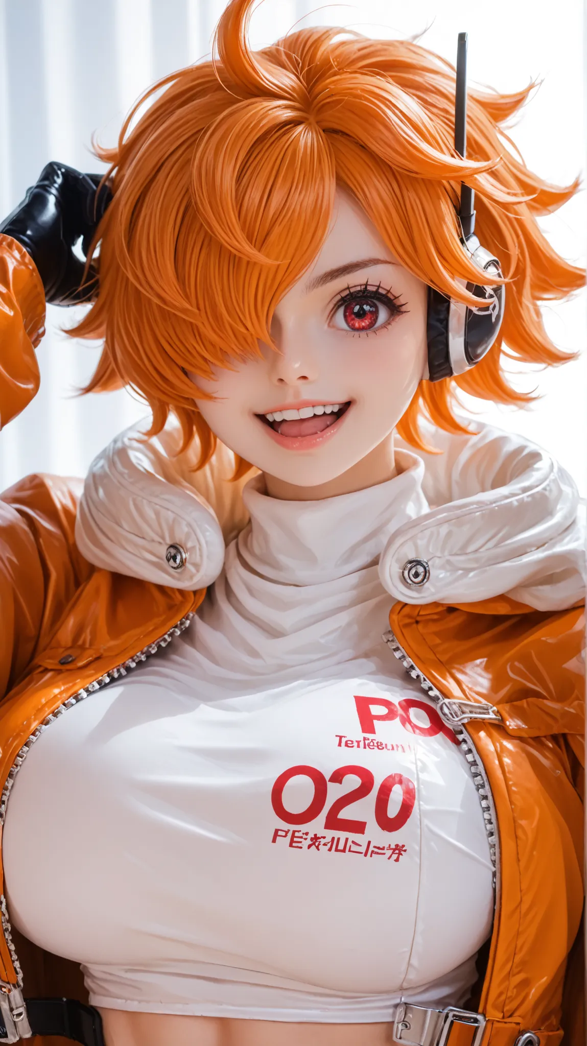 2d, anime, anime style,   egghead outfit, 1girl, solo, breasts, looking at viewer, smile, short hair, open mouth, large breasts, simple background, red eyes, gloves, white background, jacket, black gloves, hair over one eye, huge breasts, headphones, vegap...
