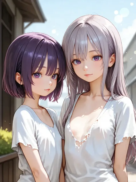 short girl, 2 girls,is young, flat chested,realisticな外観, big purple eyes, Two-tone purple hair and gray hair、torn shirt、no bra、Outdoors、細部にこだわったrealisticな影、movie stills, High Quality, realistic, 4K rendering, ultra-fine texture, PROFESSIONAL , bright color...