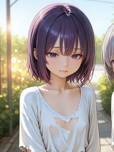 short girl, 2 girls,is young, flat chested,realisticな外観, big purple eyes, Two-tone purple hair and gray hair、torn shirt、no bra、with a distressed face、During combat、Outdoors、細部にこだわったrealisticな影、movie stills, High Quality, realistic, 4K rendering, ultra-fine...