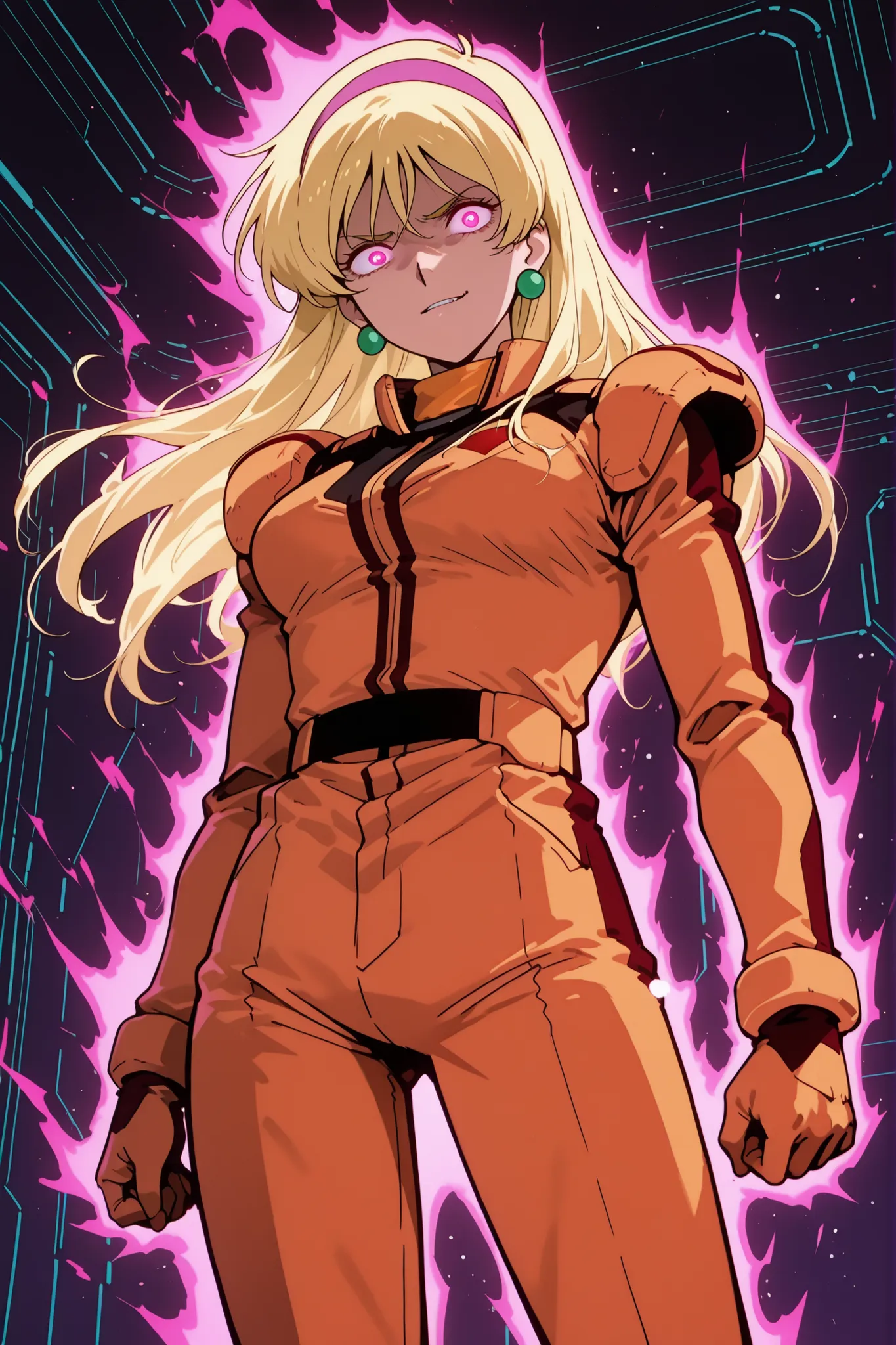 (masterpiece, best quality, ultra-detailed, anime-style, cinematic lighting),
Katejina Loos from Mobile Suit Victory Gundam, standing in outer space with the Earth clearly visible far below her,
long blonde hair flowing wildly in zero gravity, wearing a vi...