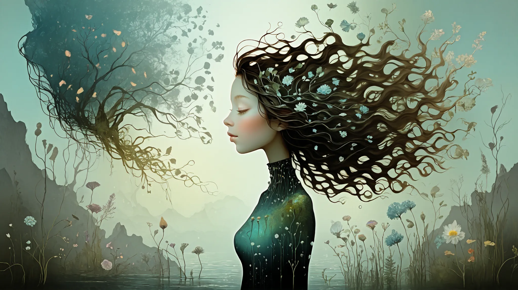 Picture a surreal female profile seamlessly transforming into a bioluminescent garden, blending fantasy elements with a touch of the surreal. The image is highly detailed, inspired by the works of Catrin Welz-Stein, featuring a delicate balance between hum...
