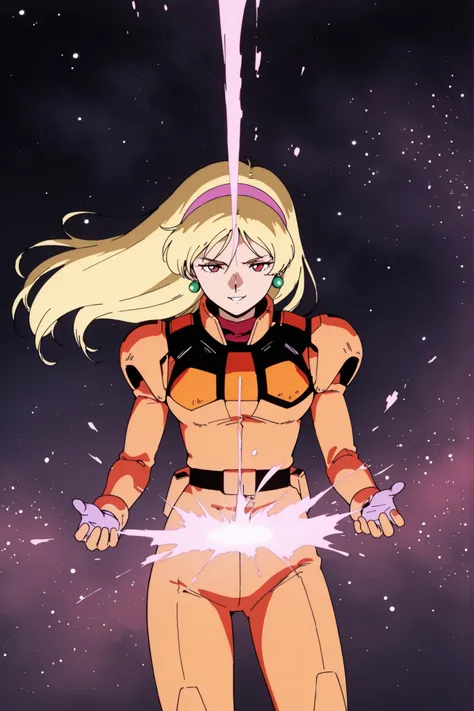 (masterpiece, best quality, ultra-detailed, anime-style, cinematic lighting),
Katejina Loos from Mobile Suit Victory Gundam, standing in outer space with Earth prominently visible behind her,
long blonde hair flowing freely and dramatically in zero gravity...