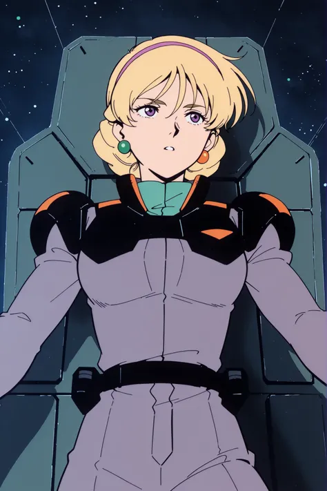 (Masterpiece, Top Quality, Ultra Detailed, Anime Style, Cinematic Lighting)
V Gundam's Katejina Loos stands in space, with the Earth clearly visible behind her.
In zero gravity, her long blonde hair flows dramatically and she wears a pink headband.
Her bri...