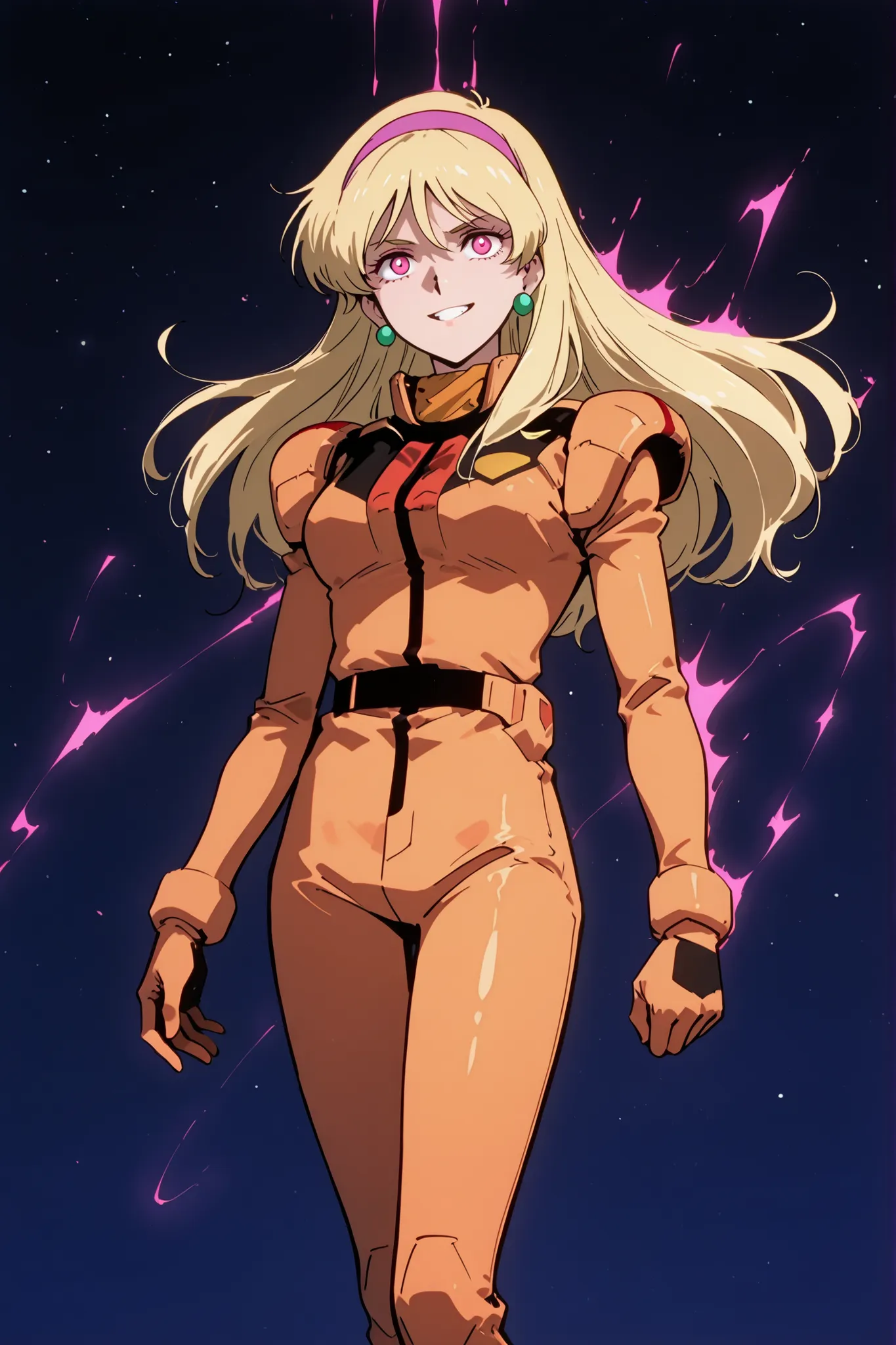 (masterpiece, best quality, ultra-detailed, anime-style, cinematic lighting),
Katejina Loos from Mobile Suit Victory Gundam, standing in outer space with Earth prominently visible behind her,
long blonde hair flowing freely and dramatically in zero gravity...