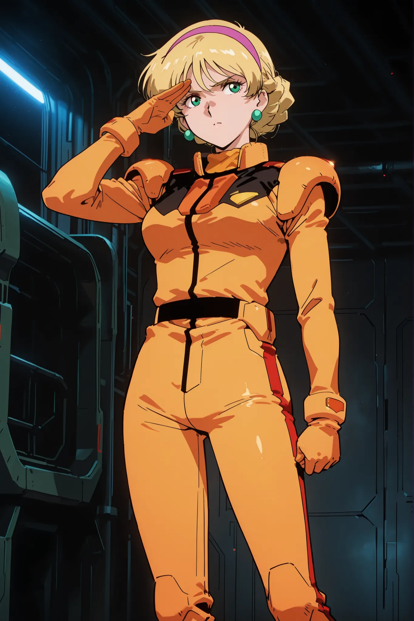 (masterpiece, best quality, ultra-detailed, anime-style, cinematic lighting),
Katejina Loos from Mobile Suit Victory Gundam, standing in a military base hangar,
wearing a vivid orange Zanscare Empire pilot suit with red and black accents,
blonde hair neatl...