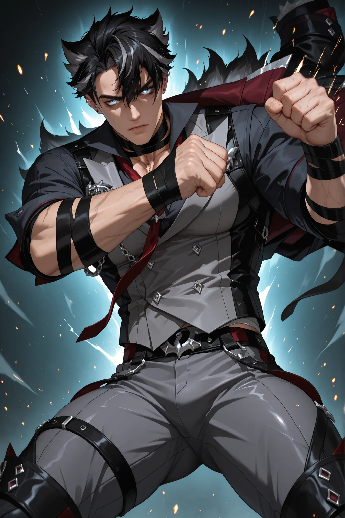 (Masterpiece, absurdres, newest, topquality) 1boy, solo, maturemale, malefocus,wriothesley,black hair,short hair,multicolored hair,bangs, dynamic background, looking at viewer, low angle, villain expression, standing, ((fighting pose)), punching action, fr...