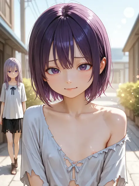 short girl, 2 girls,is young, flat chested,realisticな外観, big purple eyes, Two-tone purple hair and gray hair、A badly torn shirt、torn skirt、 tattered clothes、no bra、with a distressed face、Outdoors、細部にこだわったrealisticな影、movie stills, High Quality, realistic, 4...