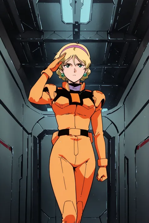 (masterpiece, best quality, ultra-detailed, anime-style, cinematic lighting),
Katejina Loos from Mobile Suit Victory Gundam, standing in a military base hangar,
wearing a vivid orange Zanscare Empire pilot suit with red and black accents,
blonde hair neatl...