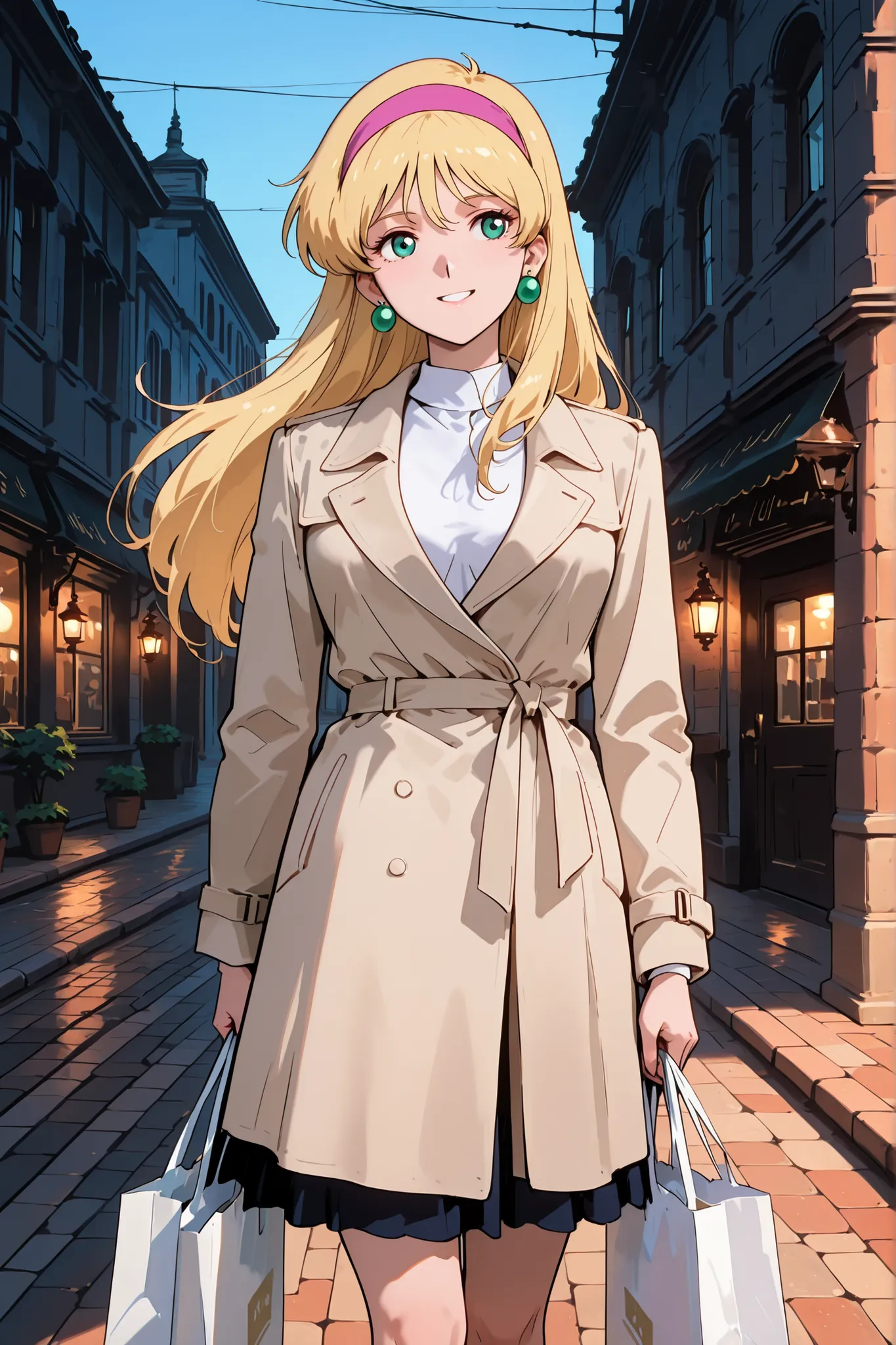 (masterpiece, best quality, ultra-detailed, anime-style, cinematic lighting),
Katejina Loos from Mobile Suit Victory Gundam, walking through a charming European-style street lined with boutiques and cafes,
wearing a stylish modern casual outfit: a fitted w...