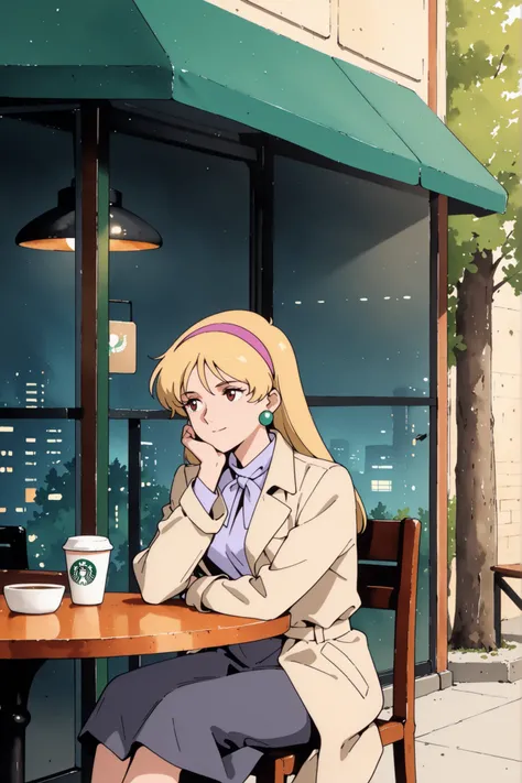 (masterpiece, best quality, ultra-detailed, anime-style, cinematic lighting),
Katejina Loos from Mobile Suit Victory Gundam, sitting at an outdoor table of a modern cafe (Starbucks style), 
elegantly holding a green paper cup with the Starbucks logo, smili...