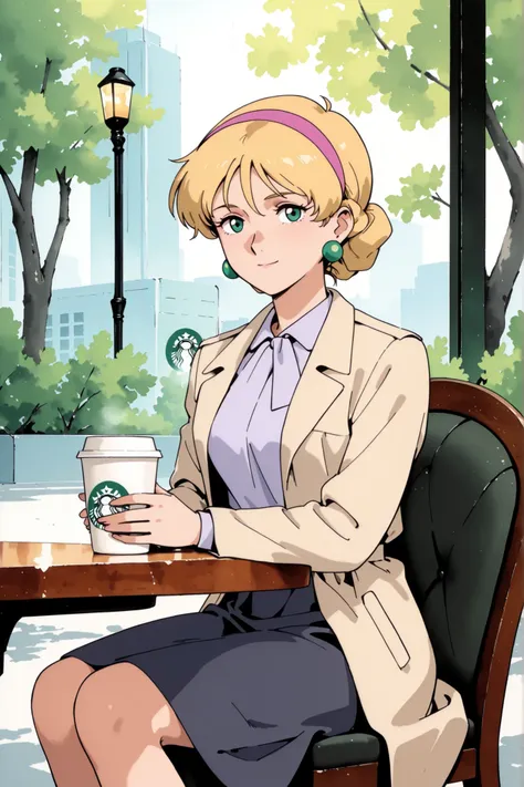 (masterpiece, best quality, ultra-detailed, anime-style, cinematic lighting),
Katejina Loos from Mobile Suit Victory Gundam, sitting at an outdoor table of a modern cafe (Starbucks style), 
elegantly holding a green paper cup with the Starbucks logo, smili...