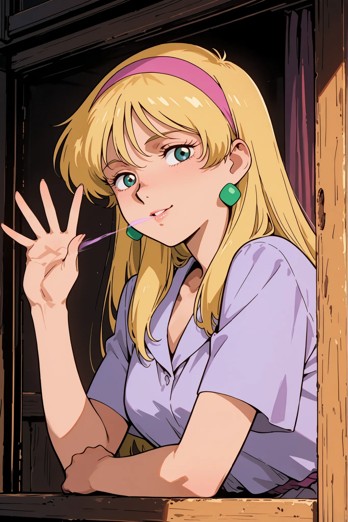 (masterpiece, best quality, ultra-detailed, anime-style, cinematic lighting),
Katejina Loos from Mobile Suit Victory Gundam, long flowing golden blonde hair, pink headband, green earrings,
inside a cozy room, leaning slightly on a wooden window sill, half-...