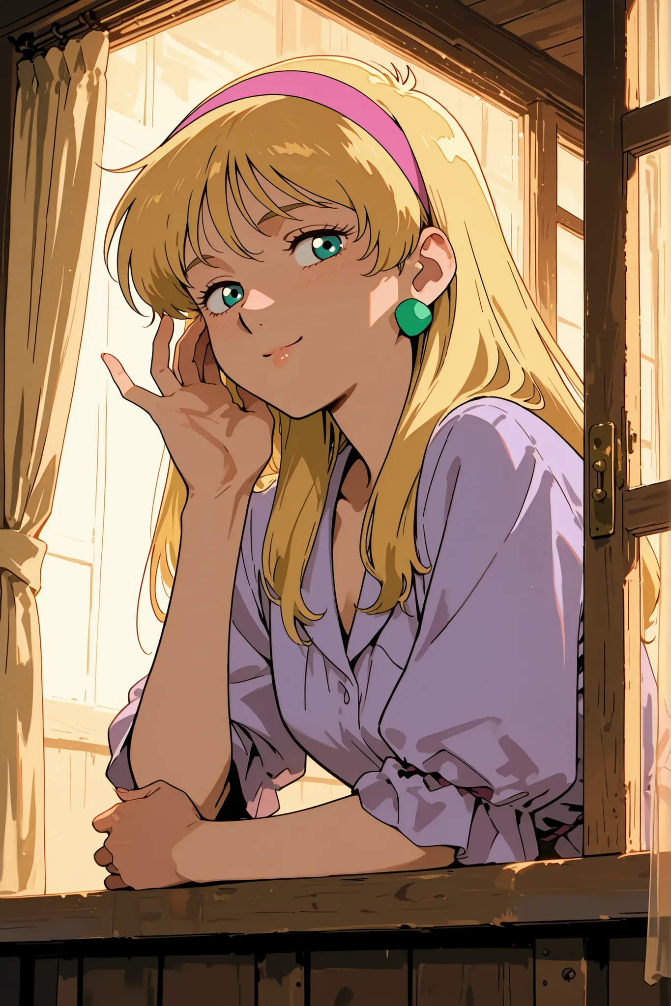 (masterpiece, best quality, ultra-detailed, anime-style, cinematic lighting),
Katejina Loos from Mobile Suit Victory Gundam, long flowing golden blonde hair, pink headband, green earrings,
inside a cozy room, leaning slightly on a wooden window sill, half-...