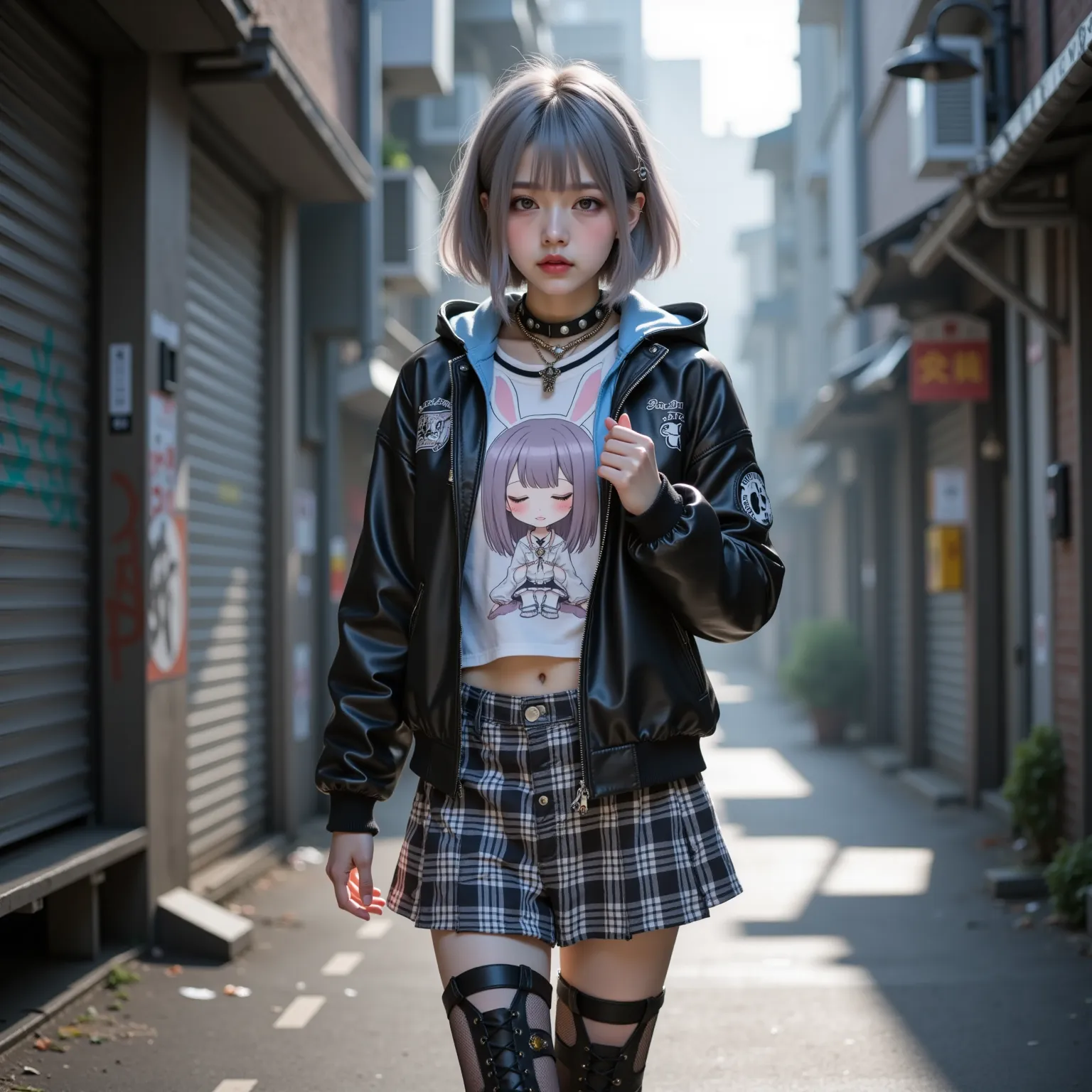 ultra-realistic, photorealistic, dramatic scene, shadow, global-illumination, solo, 1 girl\(realistic, Japanese punk rock girl, very beautiful with very cute boyish face, sporty with boyish atmosphere, very large breasts, slender, wearing an animated-bunny-girl printed pastel short sleeved tee, punk rock outfits, leather choker, studded leather jacket, checked skirt, metal accessories, glare, garter belt, rugged long boots\), the printing of her pastel tee is chibi-anime-bunny-girl\( pastel anime illustration, chibi bunny girl with long white ears, simplified animated sleeping chibi bunny girl, sleepy, cute anime chibi girl, cute gray hair, gray short bob hair, sleeping, looking so happy, closed large eyes, long bunny ears, manga, lying, closing eyes, wearing a light blue hoodie\), She is walking on a rundown downtown street covered in graffiti, 