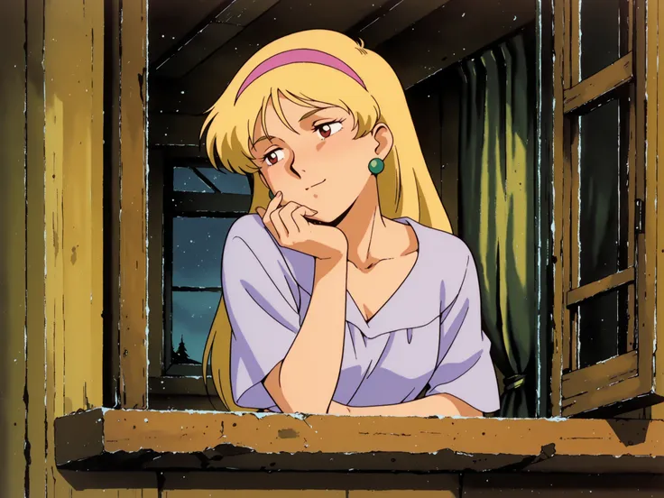 (masterpiece, best quality, ultra-detailed, anime-style, cinematic lighting),
Katejina Loos from Mobile Suit Victory Gundam, long flowing golden blonde hair, pink headband, green earrings,
inside a cozy room, leaning slightly on a wooden window sill, half-...