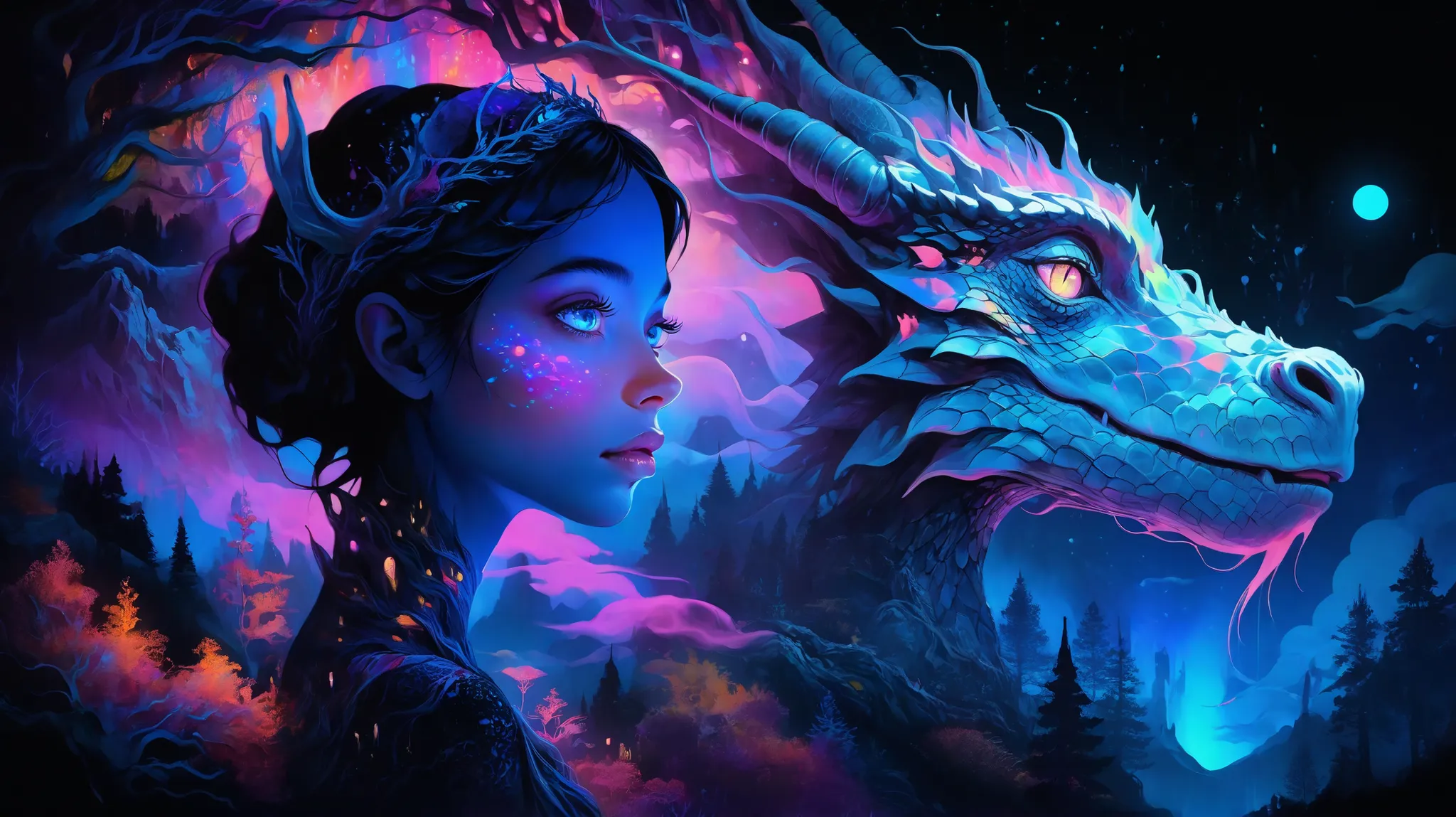 Envision a surreal double exposure capturing a princess's face, her eyes reflecting a vibrant, enchanted forest, illuminated by uv lights against a dark background, blacklight, while her pet dragon sleeps peacefully on her shoulder. She is in profile, gazi...
