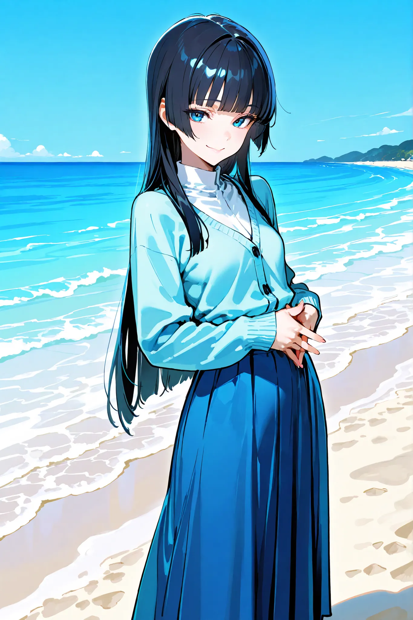 (((best quality))), ((ultra-detailed)), (illustration), ((an extremely delicate and beautiful)),(background:White sand beach),1 woman,solo, (Very short girl), (flat breasts), (A kind smile),(gleaming skin),(White clothes and long skirt)(Navy blue cardigan)...