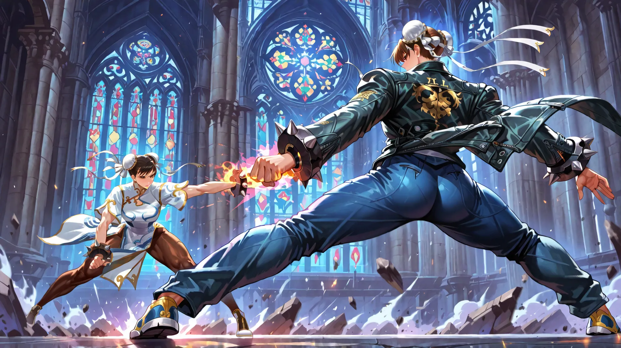 Chun-Li and Kyo Kusanagi locked in an intense anime-style battle inside a grand gothic cathedral with towering stained-glass windows glowing from behind. Chun-Li is on the left, low to the ground in an agile, aggressive stance, legs spread, leaning forward...