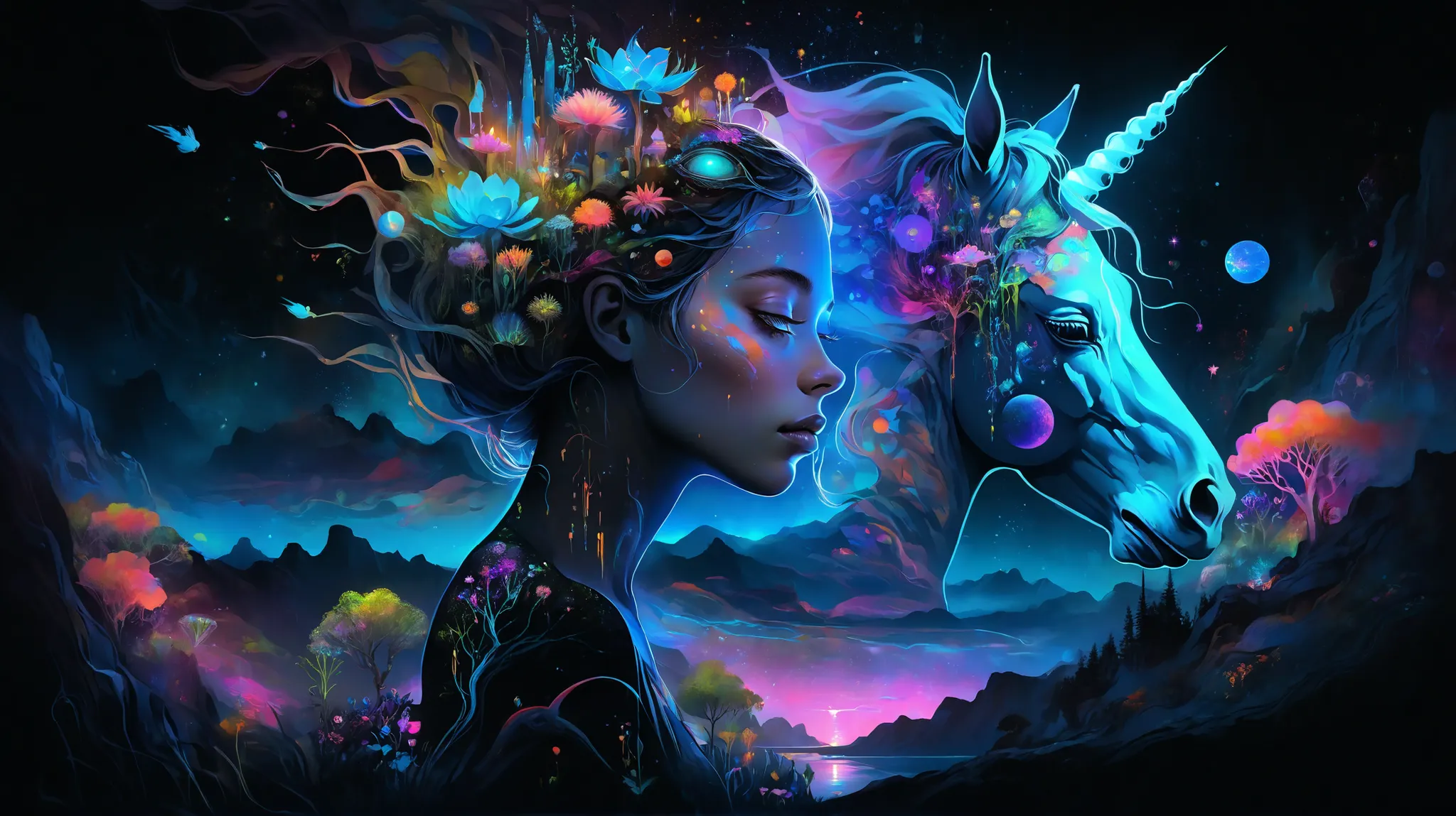 Envision a surreal double exposure capturing a woman's face, her eyes reflecting a vibrant, alien planet, illuminated by bioluminescent flora against a dark background, while her pet unicorn sleeps peacefully on her shoulder. She is in profile, gazing upwa...