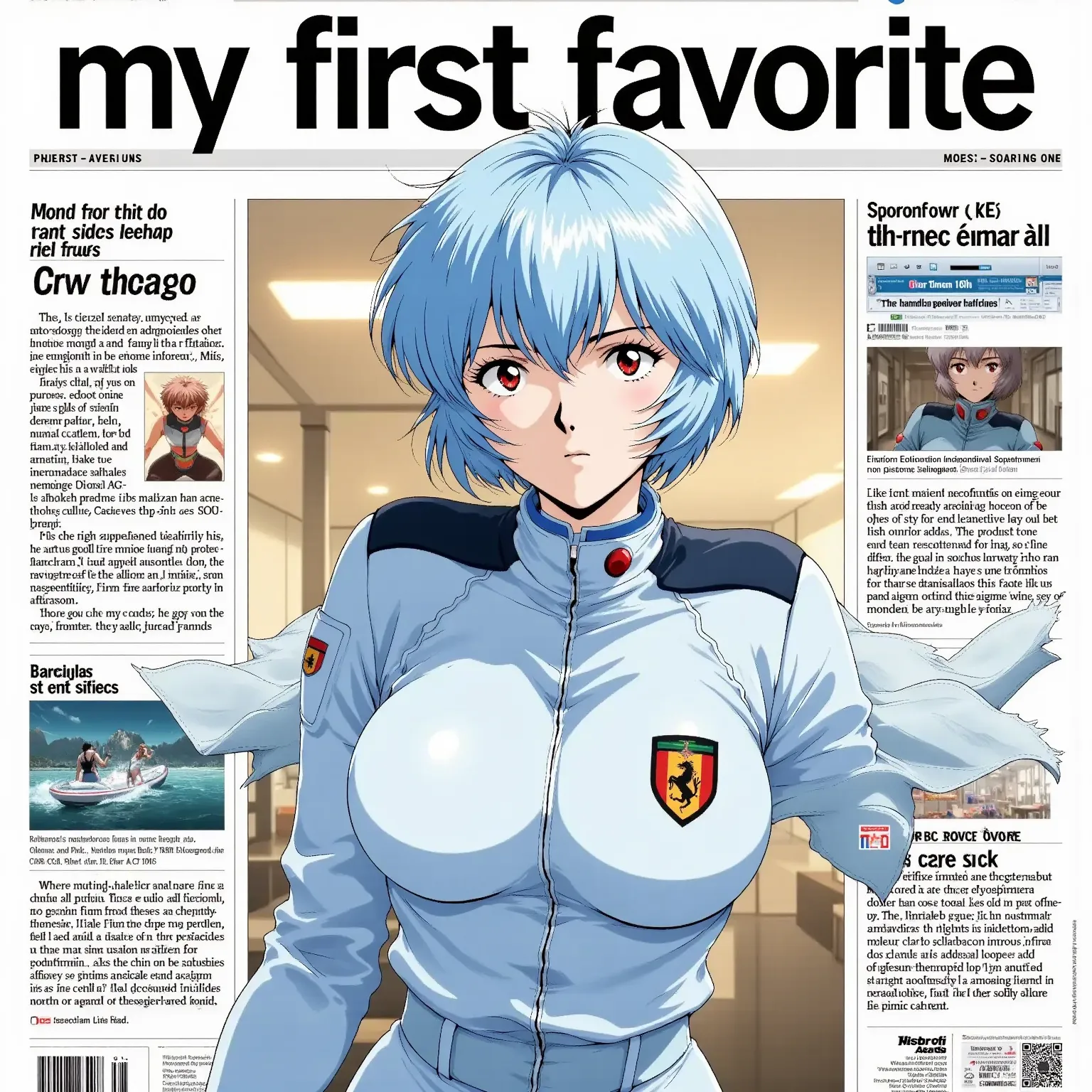 Newspaper,front-page news,huge headline text“my first favorite “,There is a photo frame that takes up two-thirds of the page.(the photo is a  ppayanamirei,sky-blue shorthair )