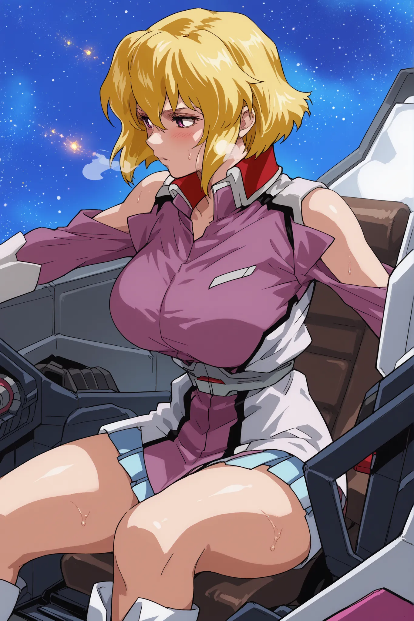 score_9,score_8_up,score_7_up,score_6_up,score_5_up,score_4_up,anime coloring,source_anime,anime screencap,stella,1girl,solo,purple eyes,blonde hair,short hair, pink jacket,shoulder cutout,blue one-piece,thigh boots,portrait, solo, be shy of, blush, huge b...