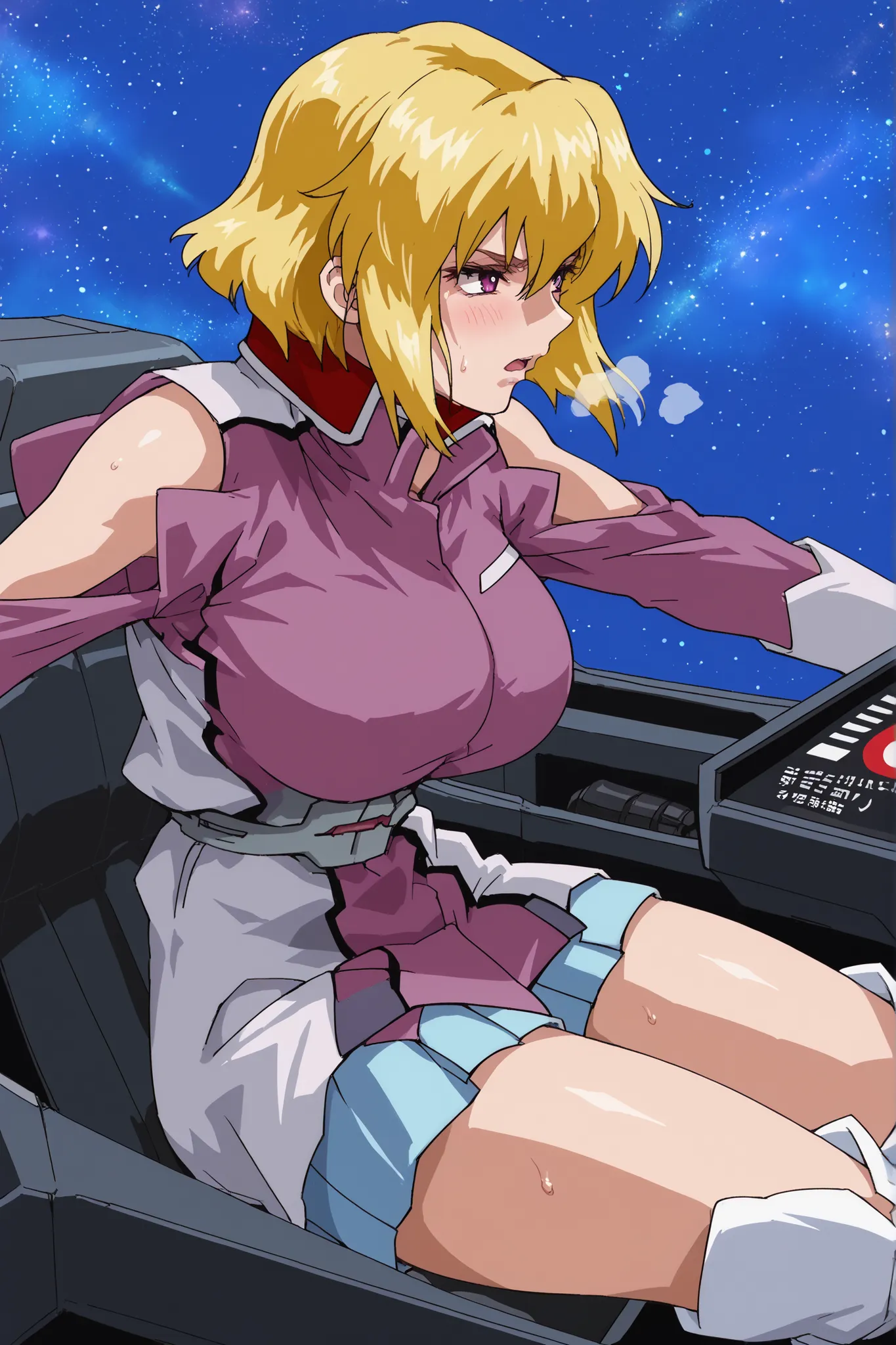 score_9,score_8_up,score_7_up,score_6_up,score_5_up,score_4_up,anime coloring,source_anime,anime screencap,stella,1girl,solo,purple eyes,blonde hair,short hair, pink jacket,shoulder cutout,blue one-piece,thigh boots,portrait, solo, be shy of, blush, huge b...