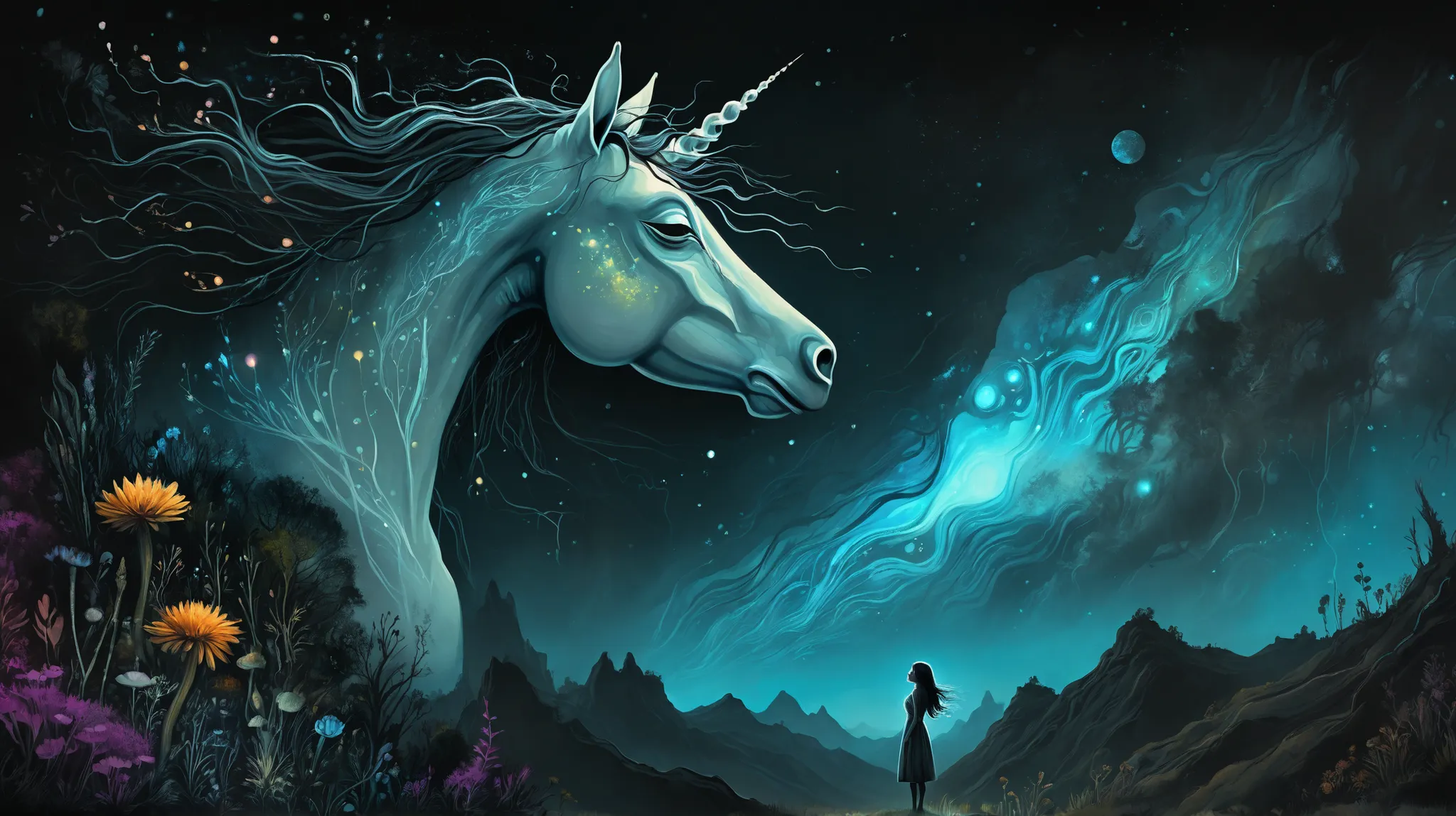 Envision a surreal double exposure capturing a woman's face, her eyes reflecting a vibrant, alien planet, illuminated by bioluminescent flora against a dark background, while her pet unicorn sleeps peacefully on her shoulder. She is in profile, gazing upwa...